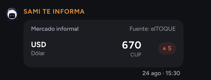 Aviso de Sami al cambiar la tasa: el USD subió a 670 CUP en el mercado informal