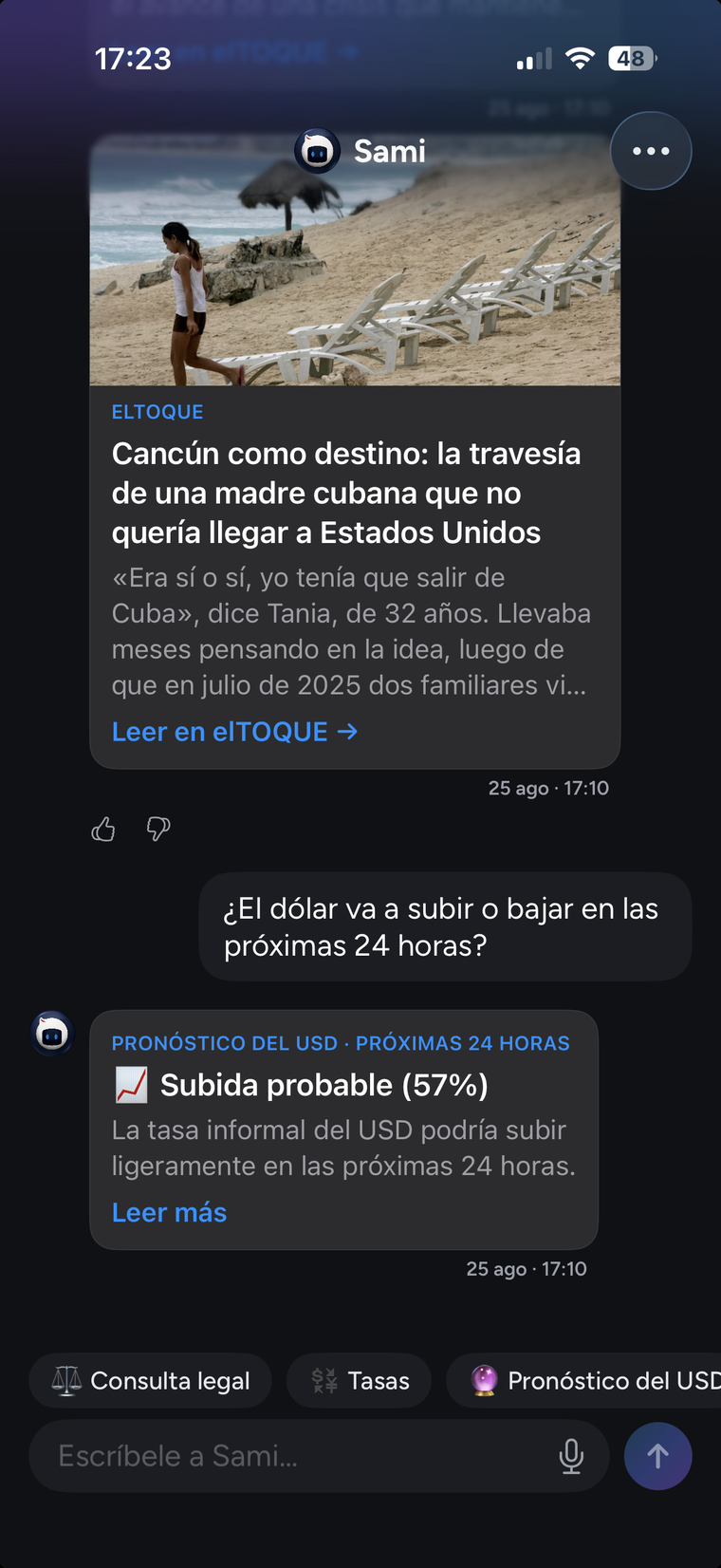 Captura del chat de Sami: aviso con una noticia de elTOQUE y pronóstico del dólar para las próximas 24 horas