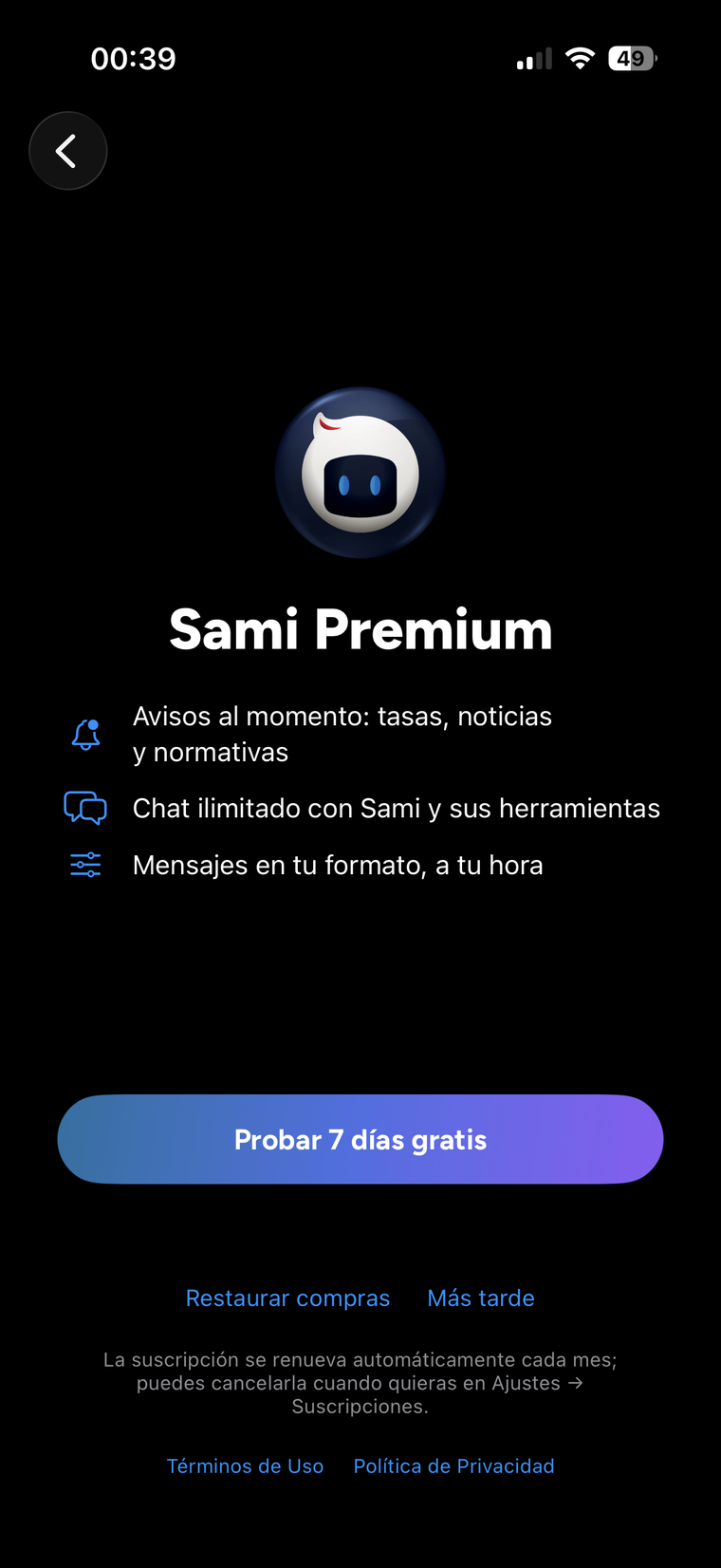 Pantalla de Sami Premium con sus beneficios y el botón de probar 7 días gratis