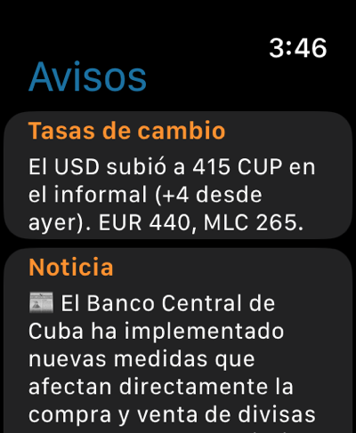 Avisos de Sami en el Apple Watch: cambio de tasas y una noticia